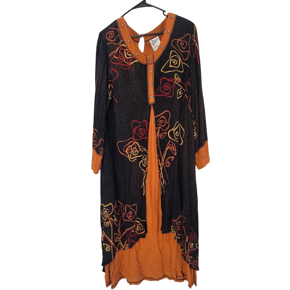 Midnight Velvet Black and Orange Floral Midi Dress